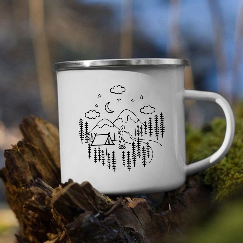 The Mountain Are Waiting Print Enamel Mug Creative Camping Coffee Tea Water Milk Cup Mugs Handle Drinkware Vacation Hiking Gift K222 Store