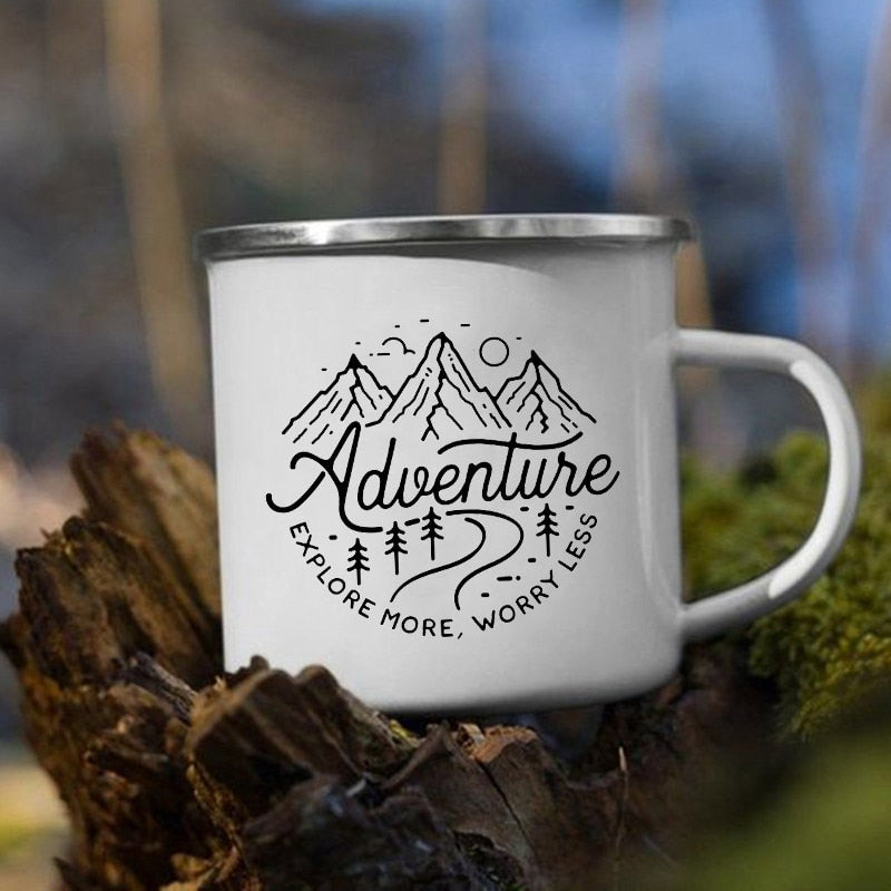 The Mountain Are Waiting Print Enamel Mug Creative Camping Coffee Tea Water Milk Cup Mugs Handle Drinkware Vacation Hiking Gift K222 Store