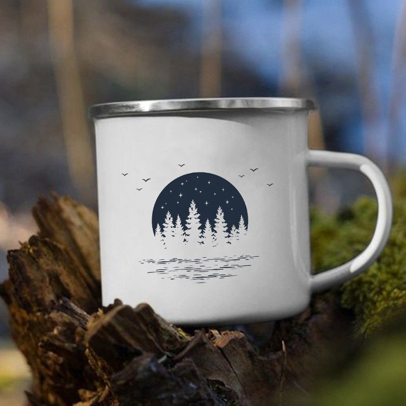 The Mountain Are Waiting Print Enamel Mug Creative Camping Coffee Tea Water Milk Cup Mugs Handle Drinkware Vacation Hiking Gift K222 Store