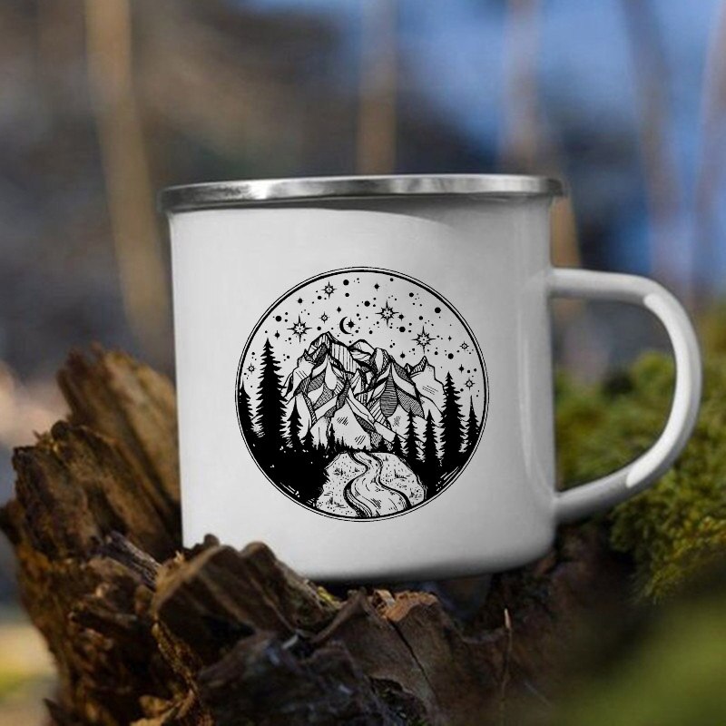 The Mountain Are Waiting Print Enamel Mug Creative Camping Coffee Tea Water Milk Cup Mugs Handle Drinkware Vacation Hiking Gift K222 Store