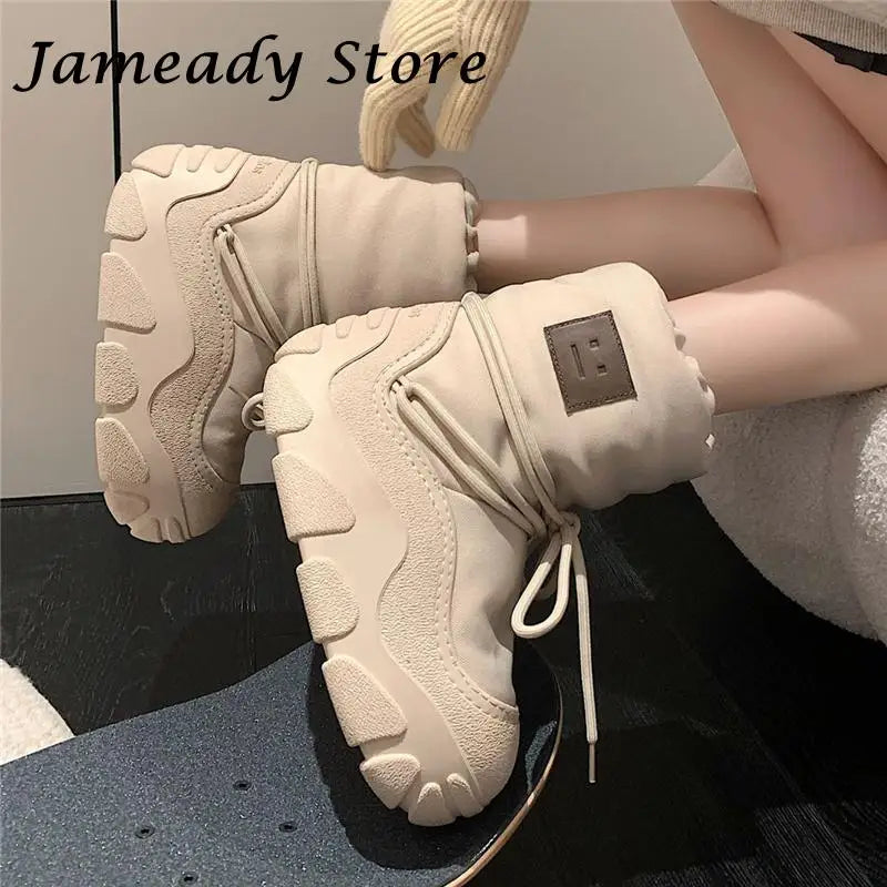 Snow Boots Thick Sole Platform Cross Tied Snow Boots Women Concise High Heel Waterproof Ankle Boots Increasing Keep Warm All Match Shoes ShopOnlyDeal