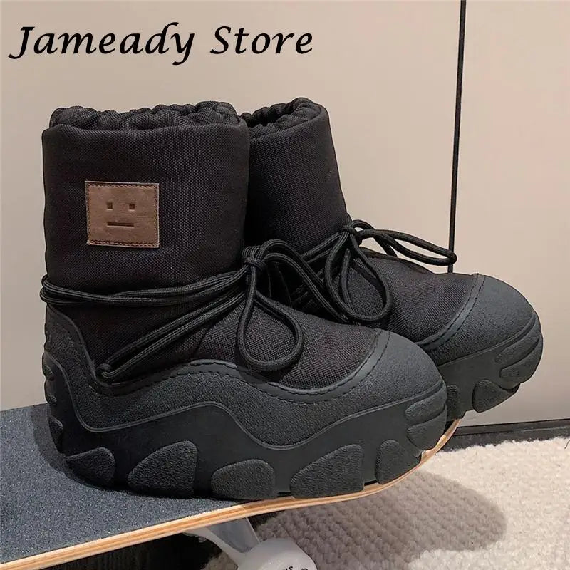 Snow Boots Thick Sole Platform Cross Tied Snow Boots Women Concise High Heel Waterproof Ankle Boots Increasing Keep Warm All Match Shoes ShopOnlyDeal