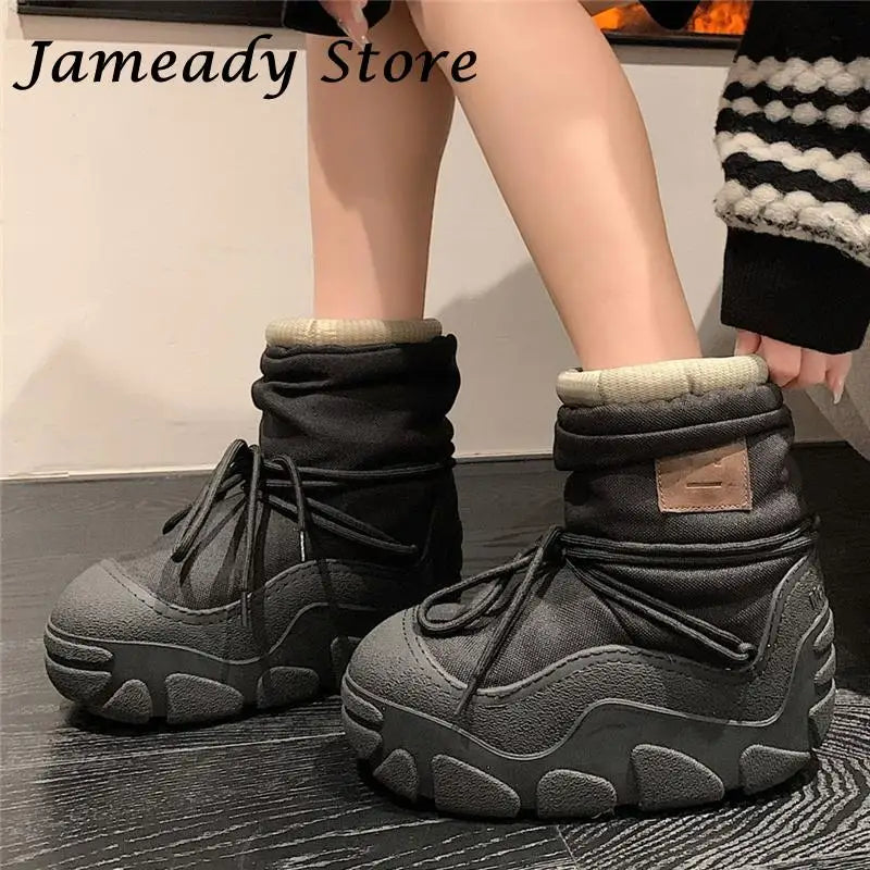 Snow Boots Thick Sole Platform Cross Tied Snow Boots Women Concise High Heel Waterproof Ankle Boots Increasing Keep Warm All Match Shoes ShopOnlyDeal