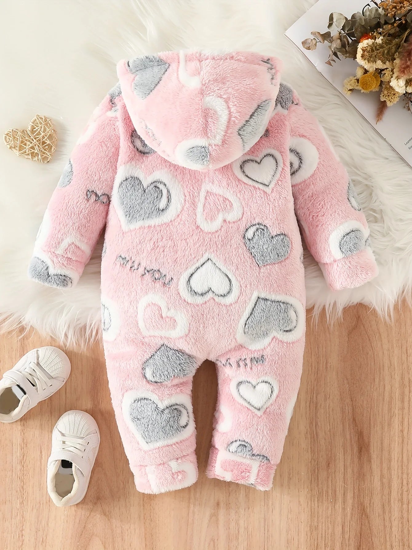 Toddler Active baby girl Love pattern fuzzy button-up hooded baby clothing Jumpsuit one-piece clothing Winter style Romper ShopOnlyDeal