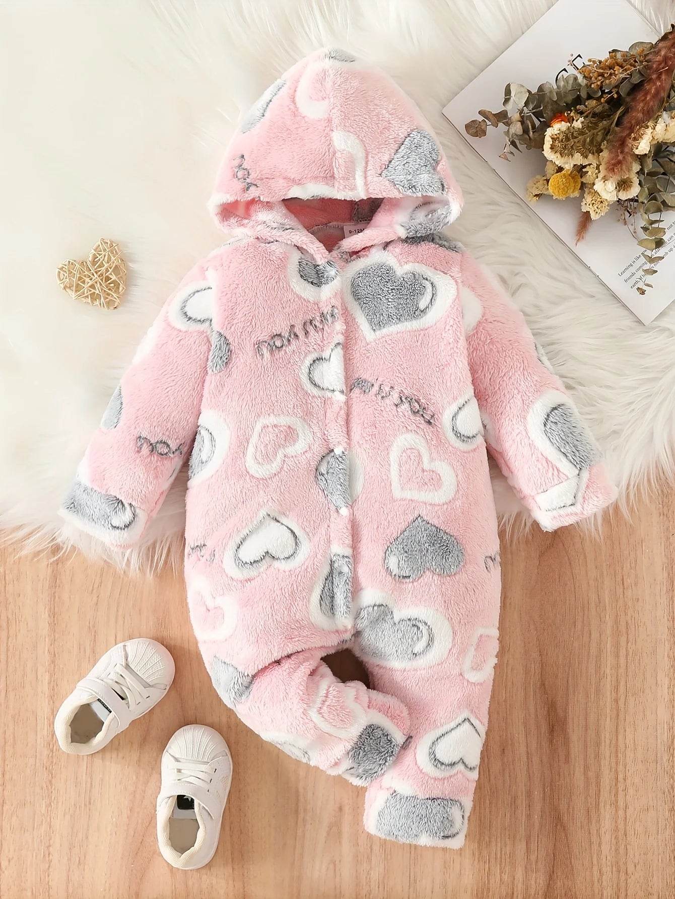 Toddler Active baby girl Love pattern fuzzy button-up hooded baby clothing Jumpsuit one-piece clothing Winter style Romper ShopOnlyDeal