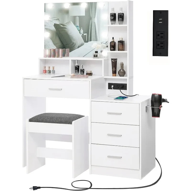 Large Vanity Table Set with Lighted Mirror & Charging Station, with 4 Storage Shelves and 4 Drawers & Cushioned Stool ShopOnlyDeal