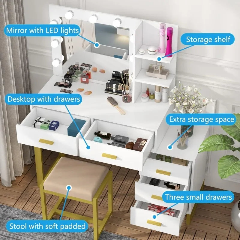 Large Makeup Vanity Desk, Vanity Set with Lighted Mirror, Dressing Table with LED Lights, 5 Drawers, Storage Shelves ShopOnlyDeal