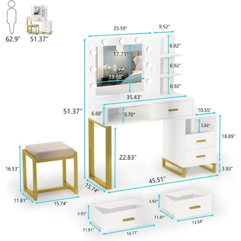 Large Makeup Vanity Desk, Vanity Set with Lighted Mirror, Dressing Table with LED Lights, 5 Drawers, Storage Shelves ShopOnlyDeal