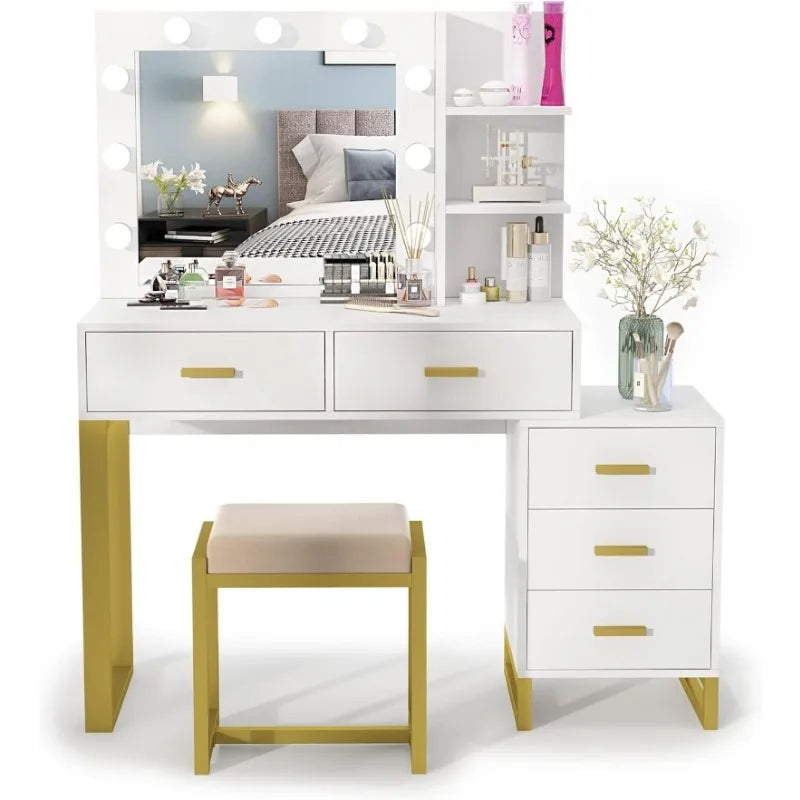 Large Makeup Vanity Desk, Vanity Set with Lighted Mirror, Dressing Table with LED Lights, 5 Drawers, Storage Shelves ShopOnlyDeal