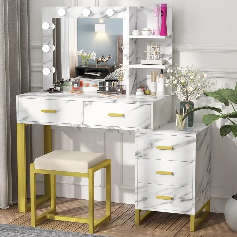 Large Makeup Vanity Desk, Vanity Set with Lighted Mirror, Dressing Table with LED Lights, 5 Drawers, Storage Shelves ShopOnlyDeal