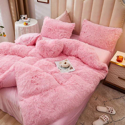 Winter warm plush duvet cover pink mink velve+fluffy flannel quilt cover 220x240 king size luxury double bed bedding set ShopOnlyDeal