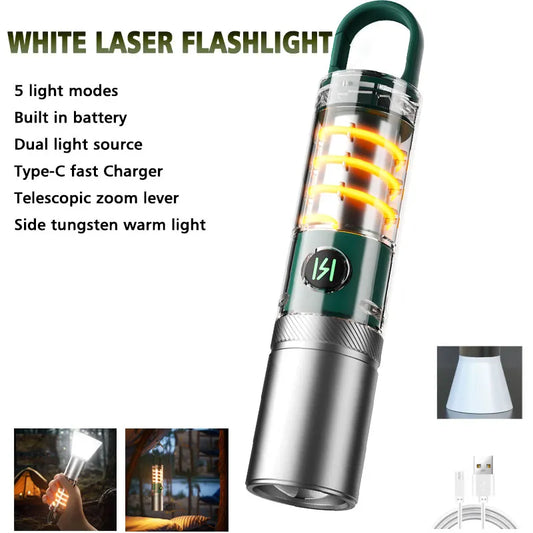 White Laser Flashlight Internal 18650 Rechargeable Torch 5Modes Zoom Hook Hanging Side Tungsten Wire Camping Lamp with Lampshade ShopOnlyDeal