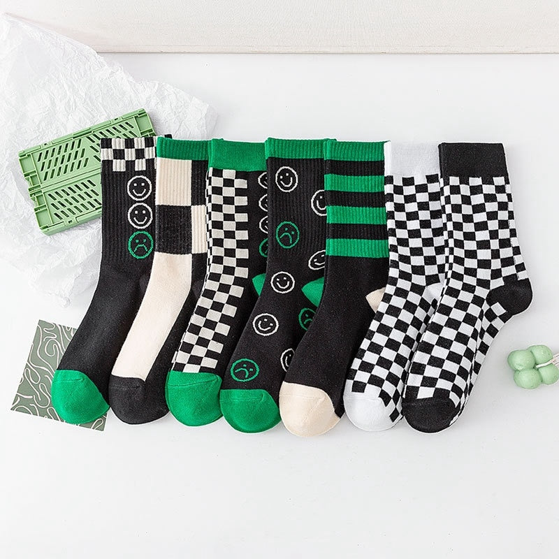 Winter Autumn New Socks Man Crazy Set Cartoon Smiley Custom Black Green Checkered Funny Skateboard Sports Cotton Socks Hot Sell ShopOnlyDeal