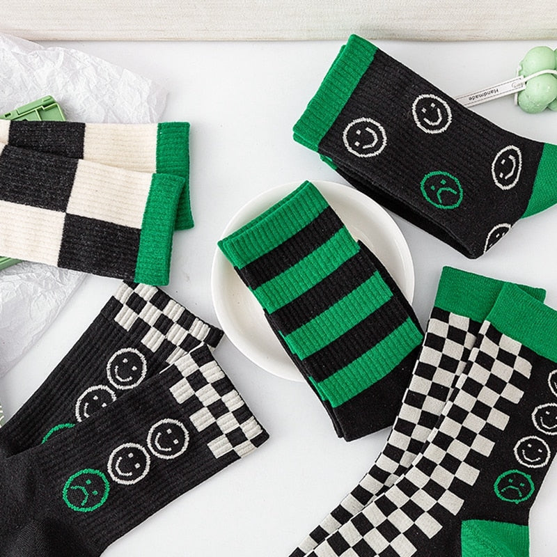 Winter Autumn New Socks Man Crazy Set Cartoon Smiley Custom Black Green Checkered Funny Skateboard Sports Cotton Socks Hot Sell ShopOnlyDeal