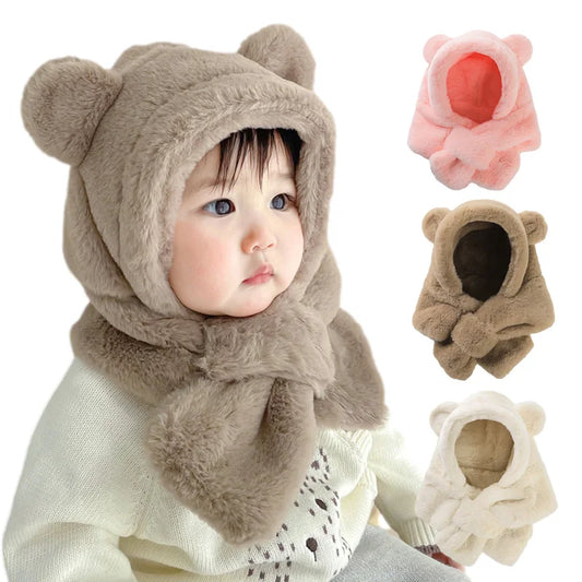 Winter Baby Hat Scarf One-Piece Faux Fur Kids Hats Cartoon Bear Warm Neck Ear Cap for Boys Girls Windproof Beanies Infant Stuffs ShopOnlyDeal