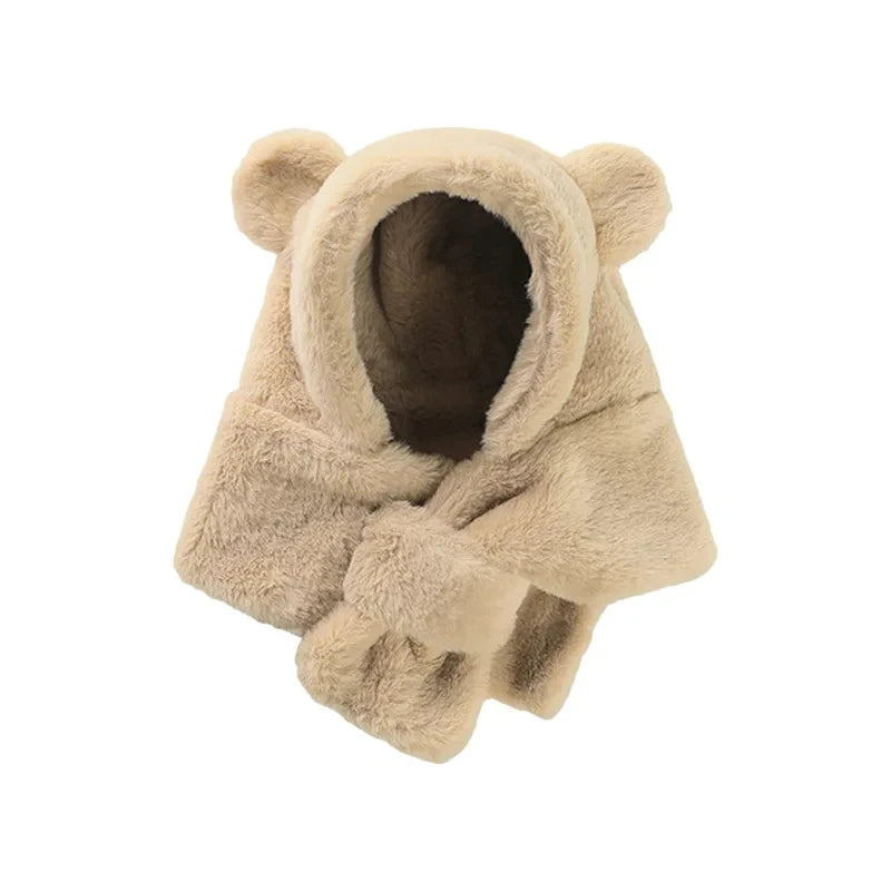 Winter Baby Hat Scarf One-Piece Faux Fur Kids Hats Cartoon Bear Warm Neck Ear Cap for Boys Girls Windproof Beanies Infant Stuffs ShopOnlyDeal