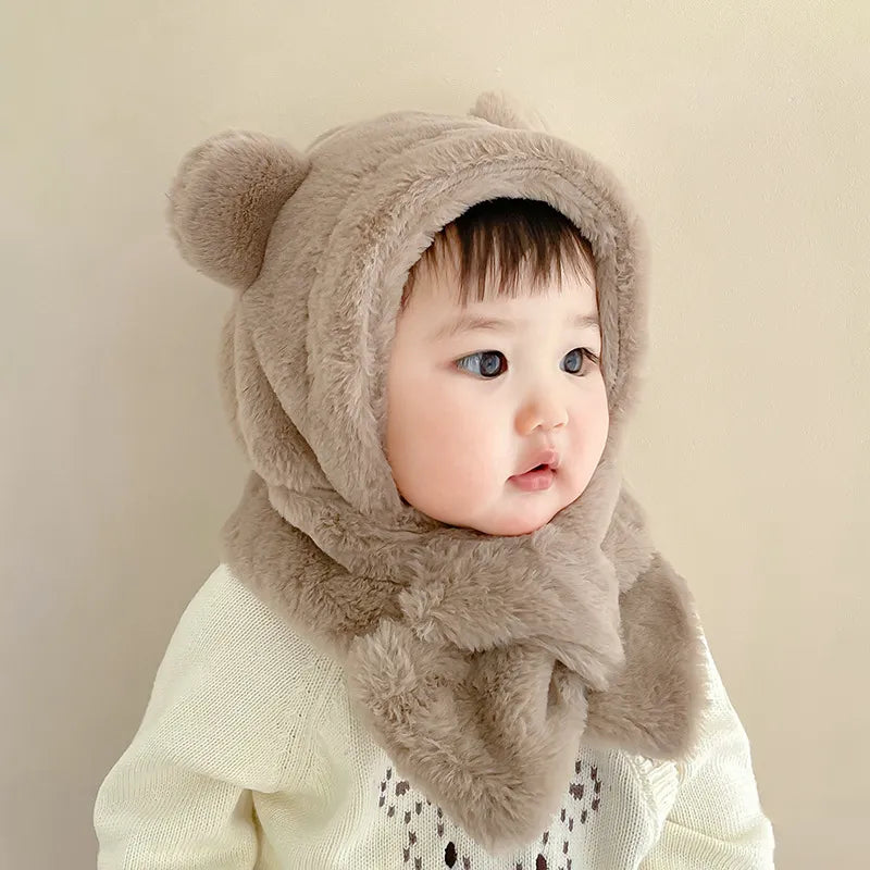 Winter Baby Hat Scarf One-Piece Faux Fur Kids Hats Cartoon Bear Warm Neck Ear Cap for Boys Girls Windproof Beanies Infant Stuffs ShopOnlyDeal