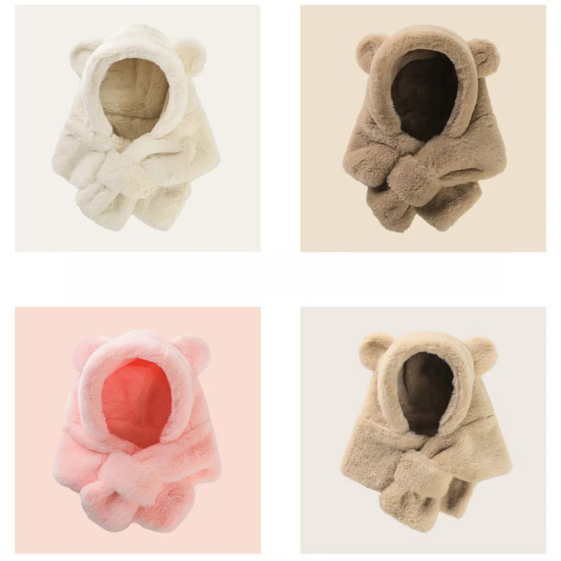 Winter Baby Hat Scarf One-Piece Faux Fur Kids Hats Cartoon Bear Warm Neck Ear Cap for Boys Girls Windproof Beanies Infant Stuffs ShopOnlyDeal