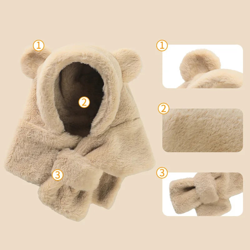 Winter Baby Hat Scarf One-Piece Faux Fur Kids Hats Cartoon Bear Warm Neck Ear Cap for Boys Girls Windproof Beanies Infant Stuffs ShopOnlyDeal