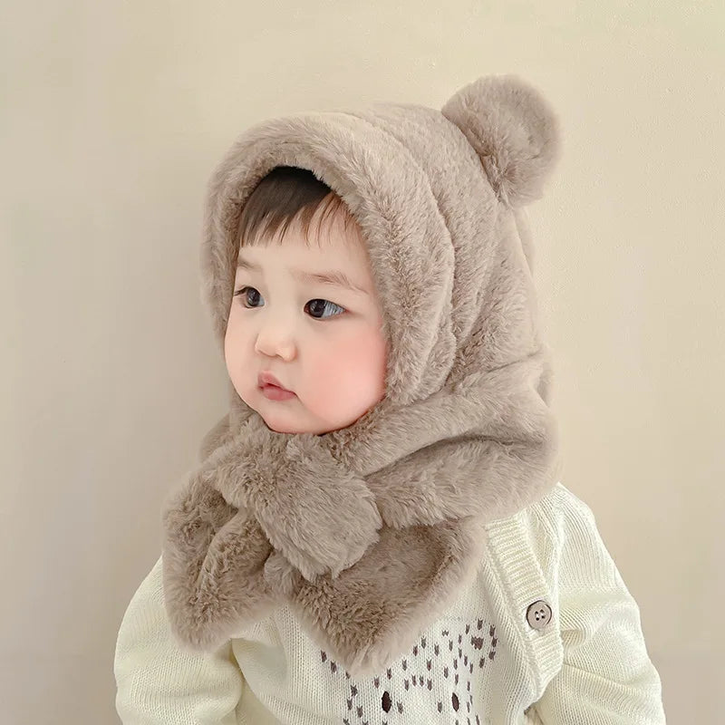 Winter Baby Hat Scarf One-Piece Faux Fur Kids Hats Cartoon Bear Warm Neck Ear Cap for Boys Girls Windproof Beanies Infant Stuffs ShopOnlyDeal