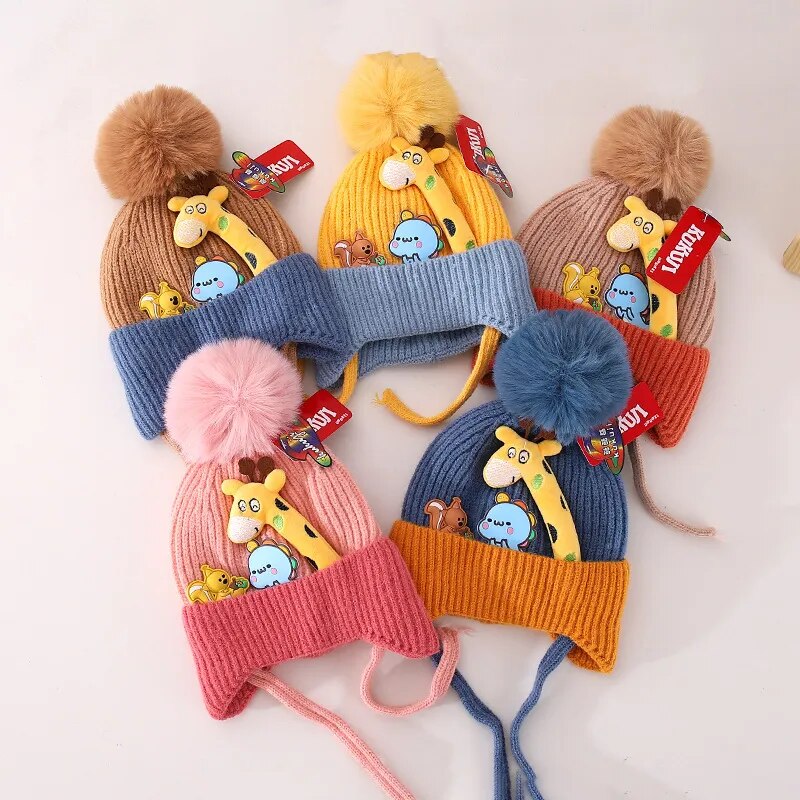 Winter Baby Hat Cartoon Giraffe Cute Pompom Cap Baby Boys Girls Hat Bonnet Korean Knitted Toddler Kids Ear Protection Hats 아기모자 ShopOnlyDeal