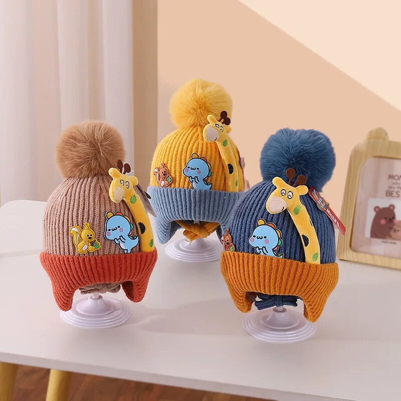 Winter Baby Hat Cartoon Giraffe Cute Pompom Cap Baby Boys Girls Hat Bonnet Korean Knitted Toddler Kids Ear Protection Hats 아기모자 ShopOnlyDeal