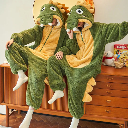 Couple Matching Kawaii Pajamas Winter Jumpsuit Robe Anime Cosplay Warm Homewear Cartoon Dinosaur Thick Warm Comfy Hooded Lounge Wear 61004 Jemma Cosplay Store