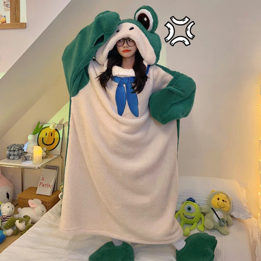 Kawaii Loungewear. Cartoon Winter Lovely Frog Women Pajamas Night Dress women's Funny Cartoon Soft Warm Loose Nightshirt Femme Household Clothes Hooded ShopOnlyDeal