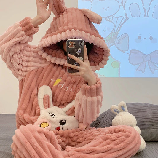 Winter Thicken Pajama Sets For Women Clothes Girls Loose Sleepwear Pijama Mujer Cartoon Rabbit Kawaii Soft Warm Pyjama Night ShopOnlyDeal