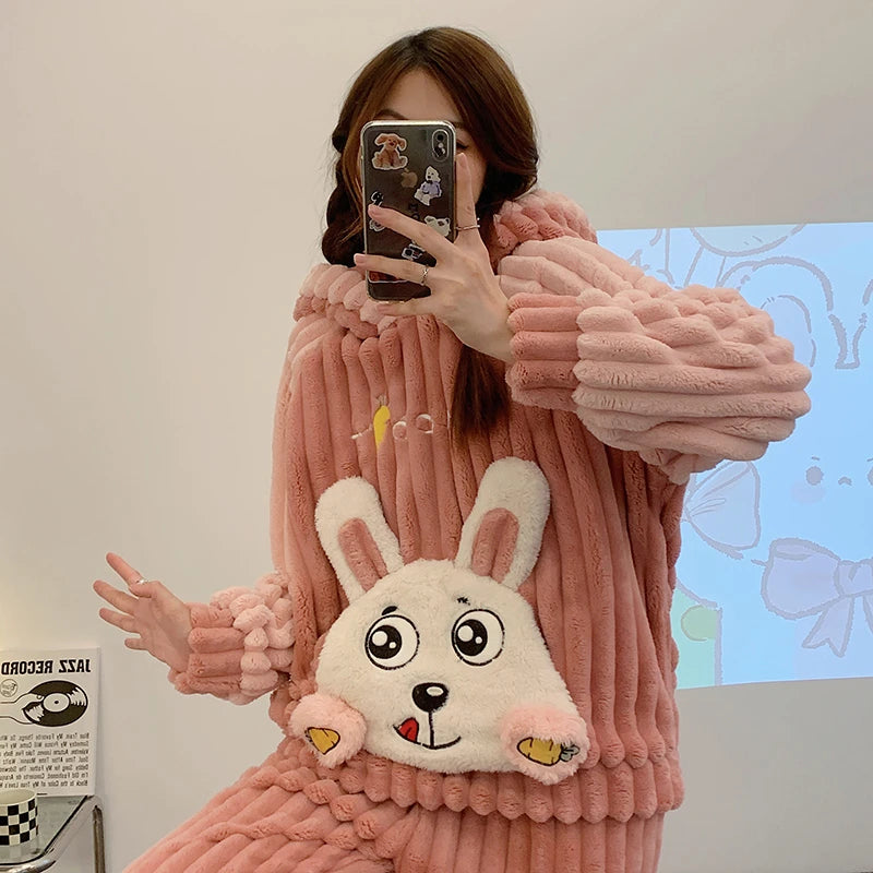 Winter Thicken Pajama Sets For Women Clothes Girls Loose Sleepwear Pijama Mujer Cartoon Rabbit Kawaii Soft Warm Pyjama Night ShopOnlyDeal