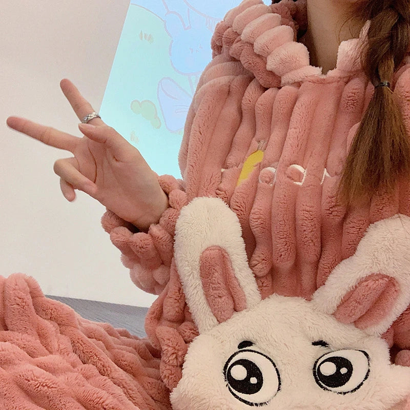 Winter Thicken Pajama Sets For Women Clothes Girls Loose Sleepwear Pijama Mujer Cartoon Rabbit Kawaii Soft Warm Pyjama Night ShopOnlyDeal