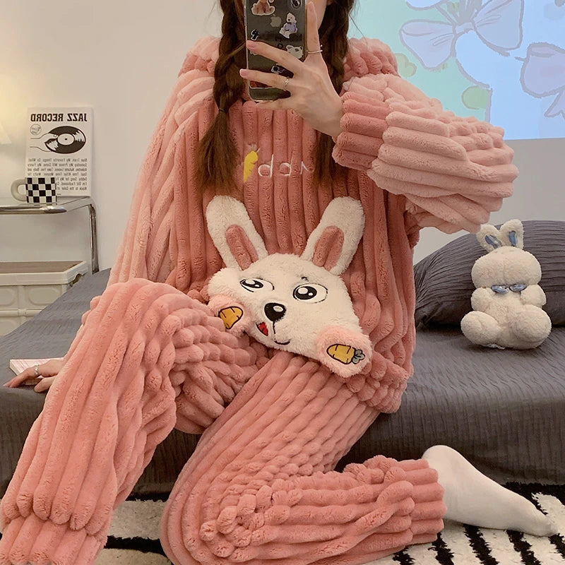 Winter Thicken Pajama Sets For Women Clothes Girls Loose Sleepwear Pijama Mujer Cartoon Rabbit Kawaii Soft Warm Pyjama Night ShopOnlyDeal