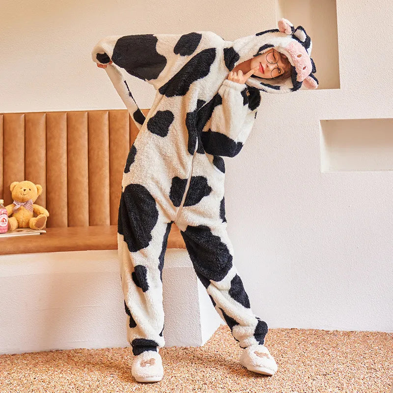 Winter Thicken Women Men Pajamas Sets Cartoon Cow One-piece Sleepwear Nightgown Hoddies Homewear Lovers Soft Warm Pyjamas Suit ShopOnlyDeal