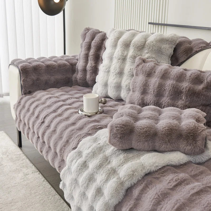 Warm Thickened Rabbit Plush Winter Sofa Cushion Solid Colour Warm Sofa Cover Non-Slip Living Room Decorative Sofa Soft Backrest Towel ShopOnlyDeal