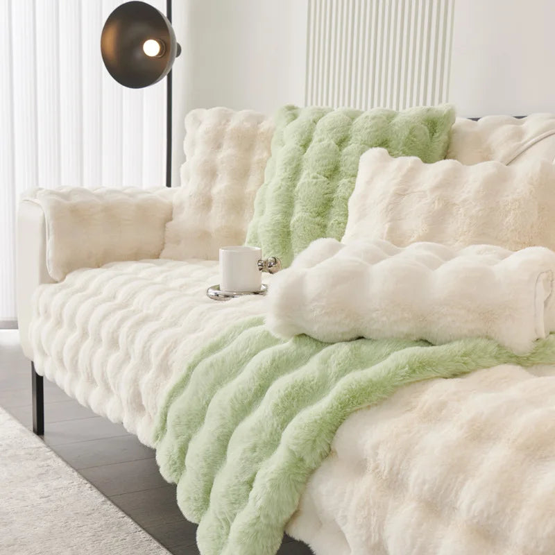 Warm Thickened Rabbit Plush Winter Sofa Cushion Solid Colour Warm Sofa Cover Non-Slip Living Room Decorative Sofa Soft Backrest Towel ShopOnlyDeal