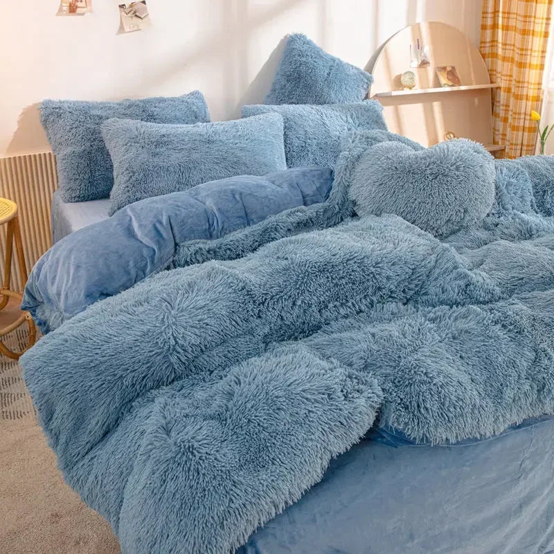 Winter Warm Blue Bedding Set Soft Plush Kawaii Mink Velvet Queen Duvet Cover Set Sheets Pillowcase Single Double Bedding Sets Daily Best Lucky Store