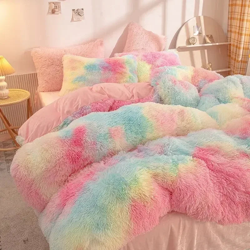 Winter Warm Blue Bedding Set Soft Plush Kawaii Mink Velvet Queen Duvet Cover Set Sheets Pillowcase Single Double Bedding Sets Daily Best Lucky Store