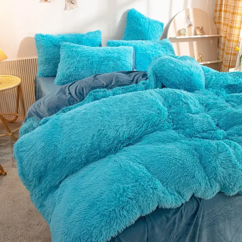 Winter Warm Blue Bedding Set Soft Plush Kawaii Mink Velvet Queen Duvet Cover Set Sheets Pillowcase Single Double Bedding Sets Daily Best Lucky Store