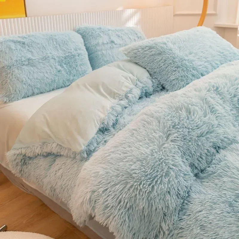 Winter Warm Blue Bedding Set Soft Plush Kawaii Mink Velvet Queen Duvet Cover Set Sheets Pillowcase Single Double Bedding Sets Daily Best Lucky Store