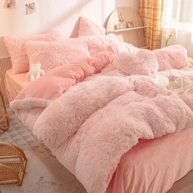 Winter Warm Blue Bedding Set Soft Plush Kawaii Mink Velvet Queen Duvet Cover Set Sheets Pillowcase Single Double Bedding Sets Daily Best Lucky Store