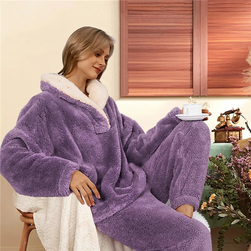 Winter Warm PajamasWomen Cold Keep Warm Pijama Women V-Neck Coral Fleece Pajamas Set Ladies Thermal Flannel Home Clothing Pajama Set ShopOnlyDeal