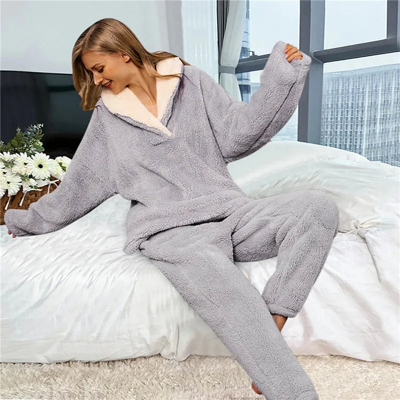 Winter Warm PajamasWomen Cold Keep Warm Pijama Women V-Neck Coral Fleece Pajamas Set Ladies Thermal Flannel Home Clothing Pajama Set ShopOnlyDeal