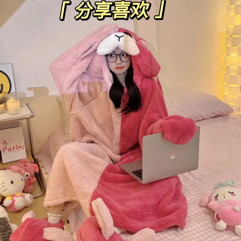Kawaii Winter Women Nightdress Pajama Cute Long Eared Rabbit Nightgown Soft Warm Flannel Sleepwear Hooded Pijama Mujer Homewer ShopOnlyDeal