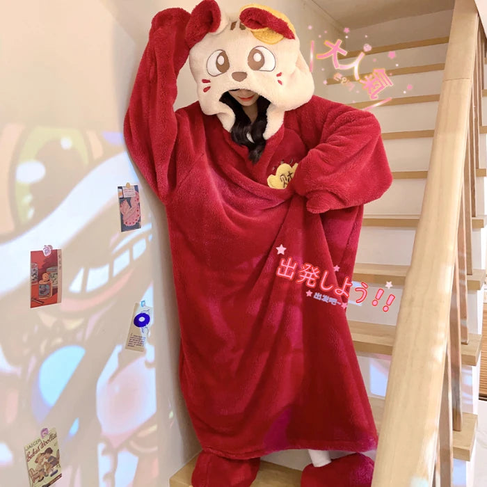 Kawaii Winter Women Nightdress Pajama Cute Long Eared Rabbit Nightgown Soft Warm Flannel Sleepwear Hooded Pijama Mujer Homewer ShopOnlyDeal