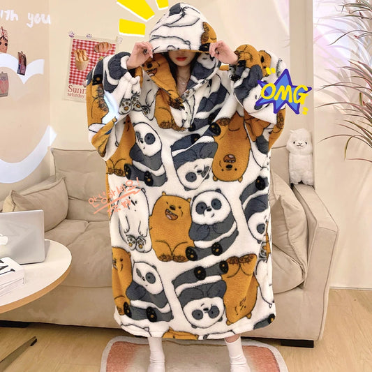 Winter Women Pajamas Night Dress Cartoon  Panda Print Women's  Loose Robes For Women Femme  Pijama Mujer Long Sleeve Hooded Suit ShopOnlyDeal