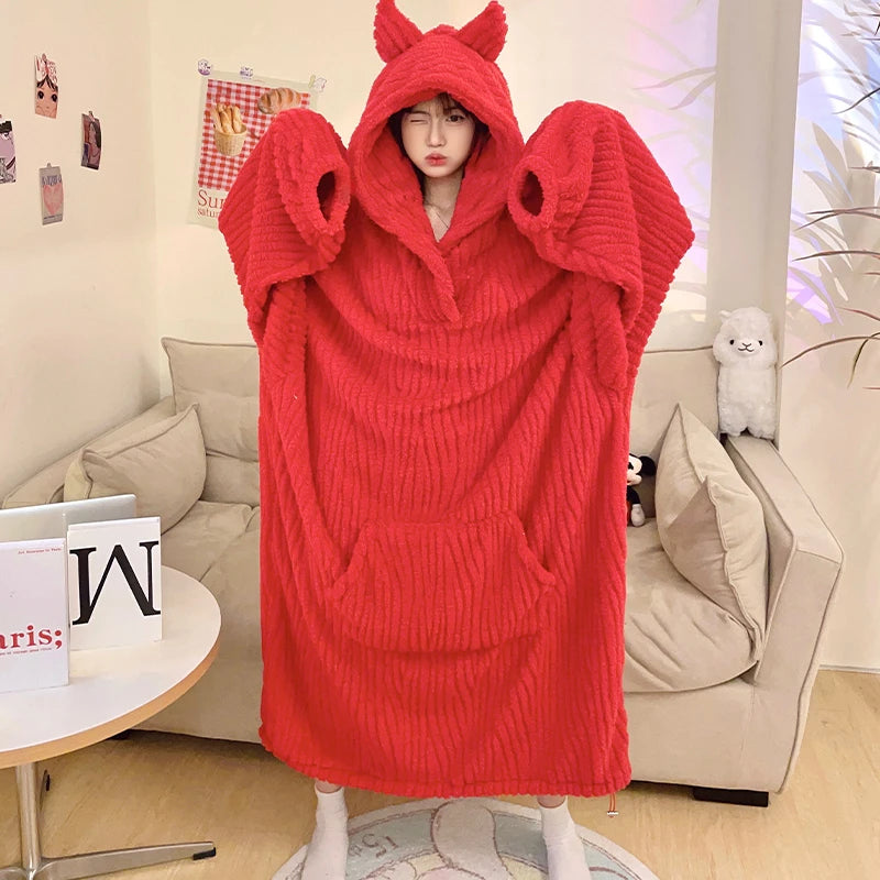 Winter Women Warm Pajamas With Horn Night Dress Women's Cartoon Little Demon Loose Nightshirt Femme Household Long Sleeve Hooded Night-robe ShopOnlyDeal