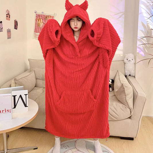 Winter Women Warm Pajamas With Horn Night Dress Women's Cartoon Little Demon Loose Nightshirt Femme Household Long Sleeve Hooded Night-robe ShopOnlyDeal