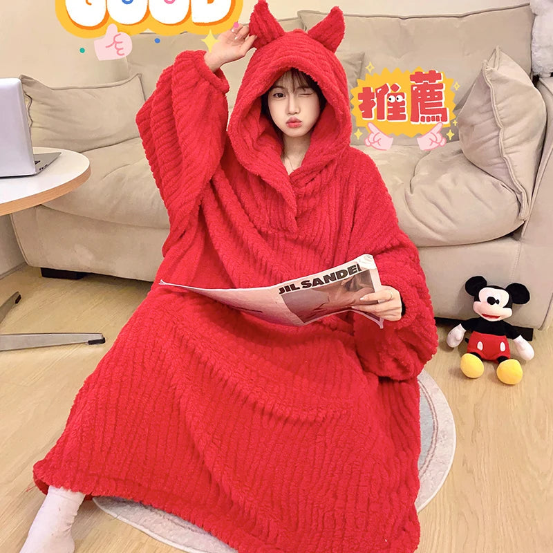 Winter Women Warm Pajamas With Horn Night Dress Women's Cartoon Little Demon Loose Nightshirt Femme Household Long Sleeve Hooded Night-robe ShopOnlyDeal