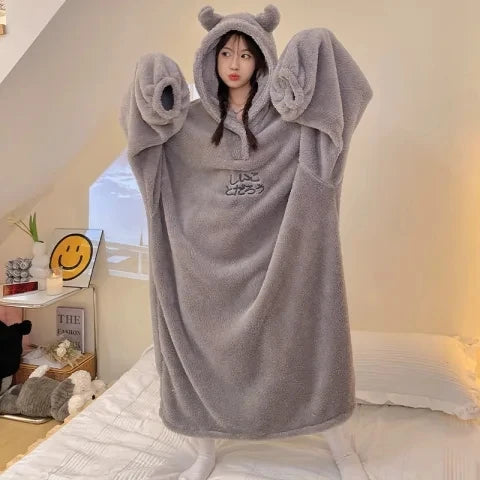 Winter Women Warm Pajamas With Horn Night Dress Women's Cartoon Little Demon Loose Nightshirt Femme Household Long Sleeve Hooded Night-robe ShopOnlyDeal