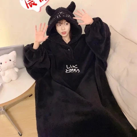 Winter Women Warm Pajamas With Horn Night Dress Women's Cartoon Little Demon Loose Nightshirt Femme Household Long Sleeve Hooded Night-robe ShopOnlyDeal